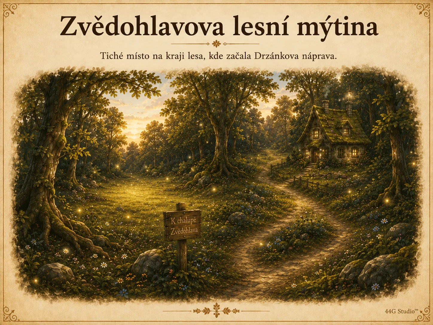 Tichá lesní mýtina jako místo pohádkové cesty.
