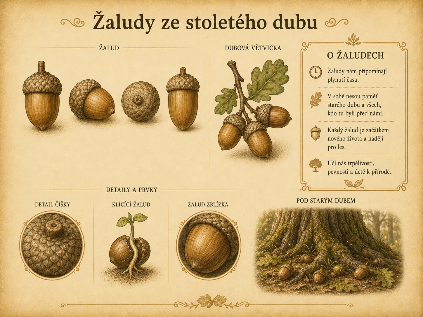 Žaludy ze stoletého dubu jako přírodní detail pohádky.