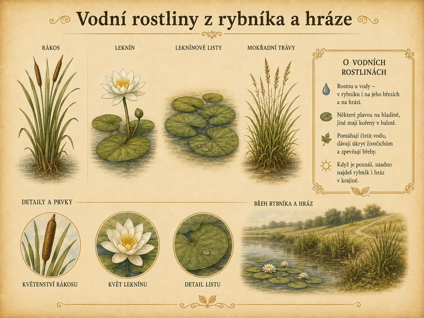 Vodní rostliny z rybníka a hráze.